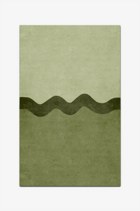 olive green rug with wavy stripe line design on a white background