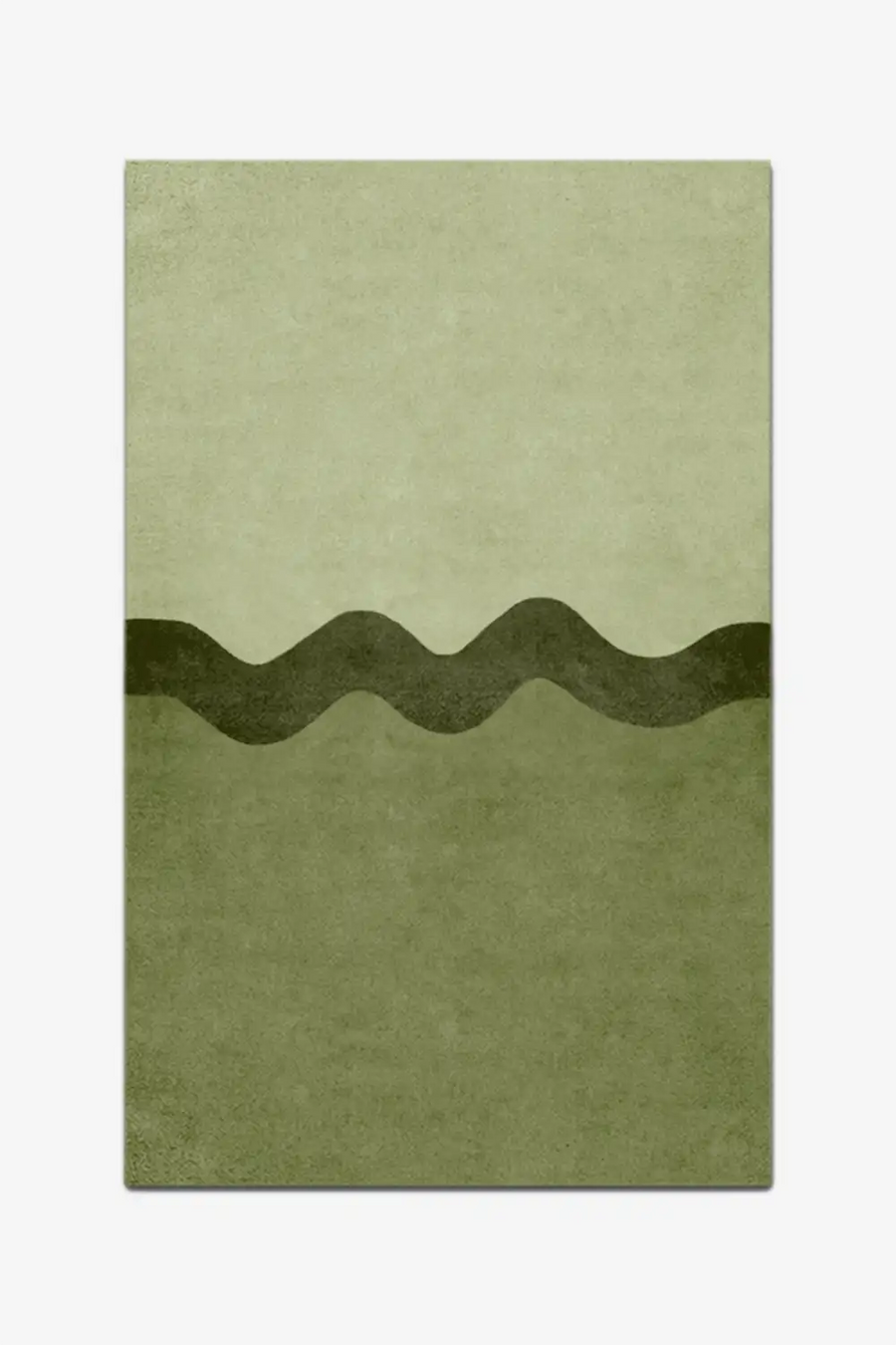 olive green rug with wavy stripe line design on a white background