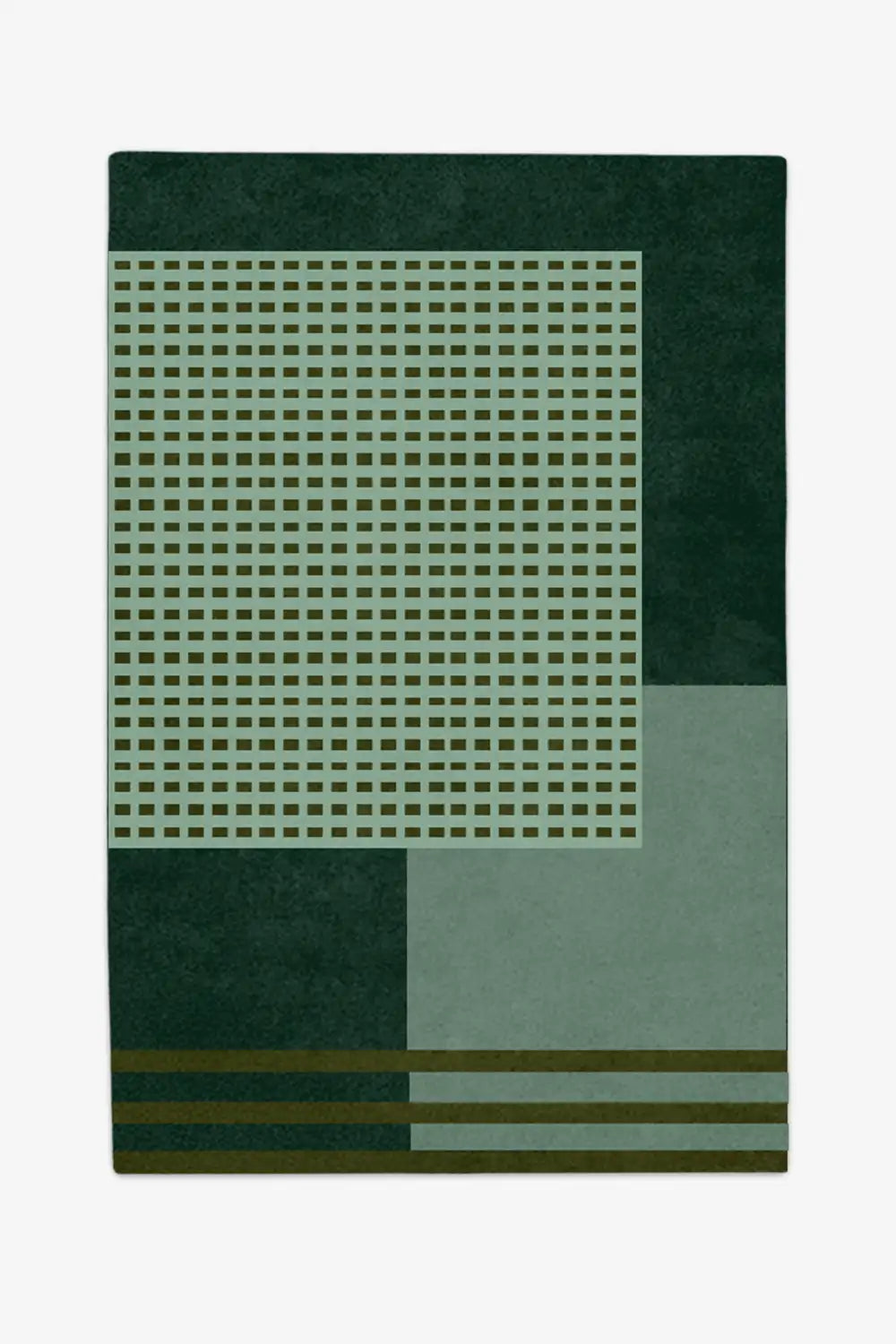 custom made green rug with geometric pattern on a white background