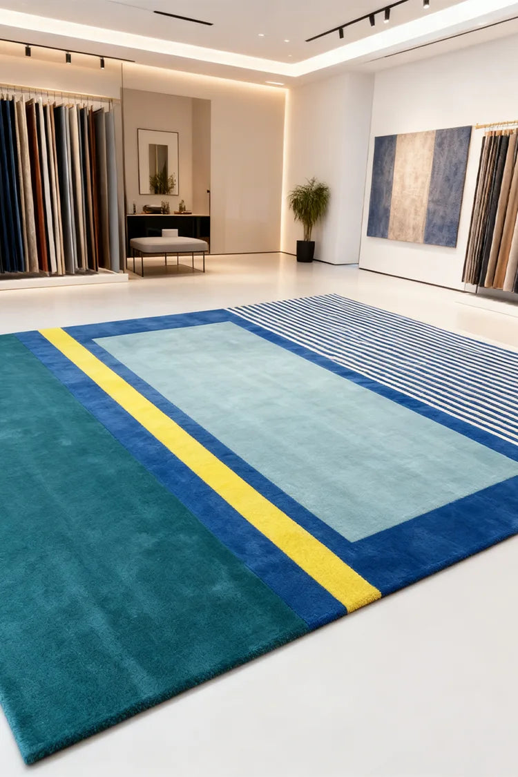 custom wool rug with blue and yellow geometric design on a white background