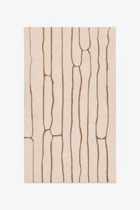 custom beige rug with brown abstract line pattern on a white background