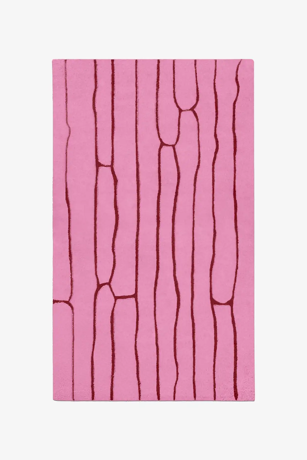 custom wool rug with pink and red abstract pattern on a white background