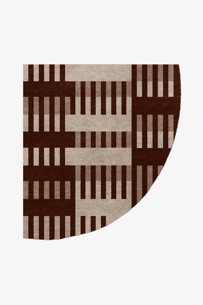corner rug with brown and beige geometric pattern on a white background