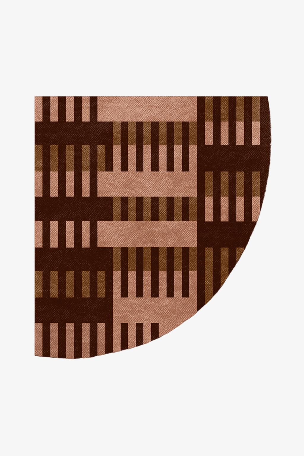 custom quarter circle rug with brown and beige geometric pattern on a white background
