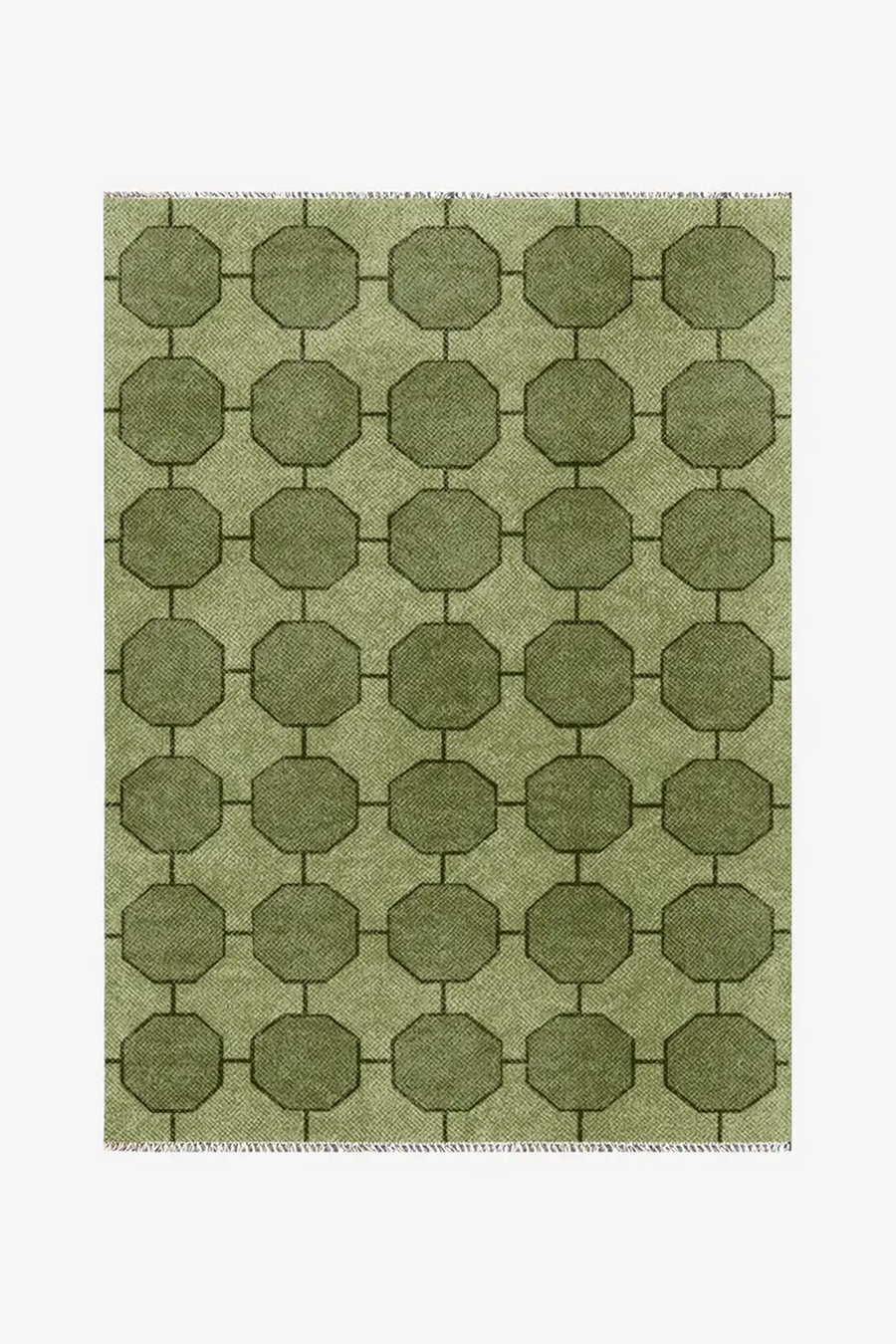 custom green geometric patterned rug in hand-knotted wool on a white background