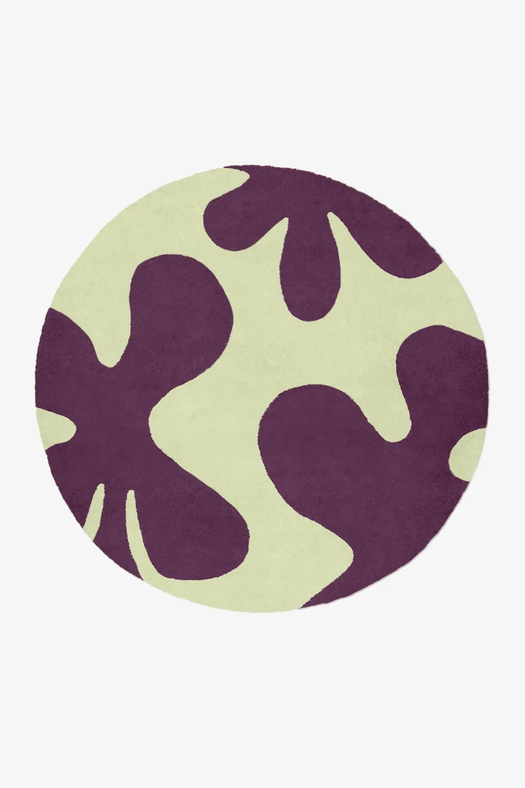custom round rug with purple and green abstract pattern on a white background