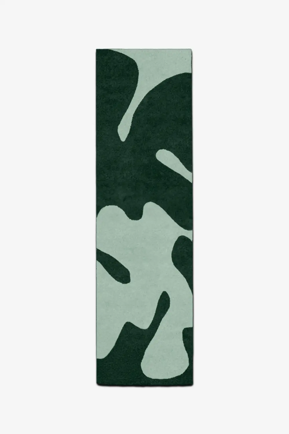 sage green wool runner rug with dark green abstract design pattern