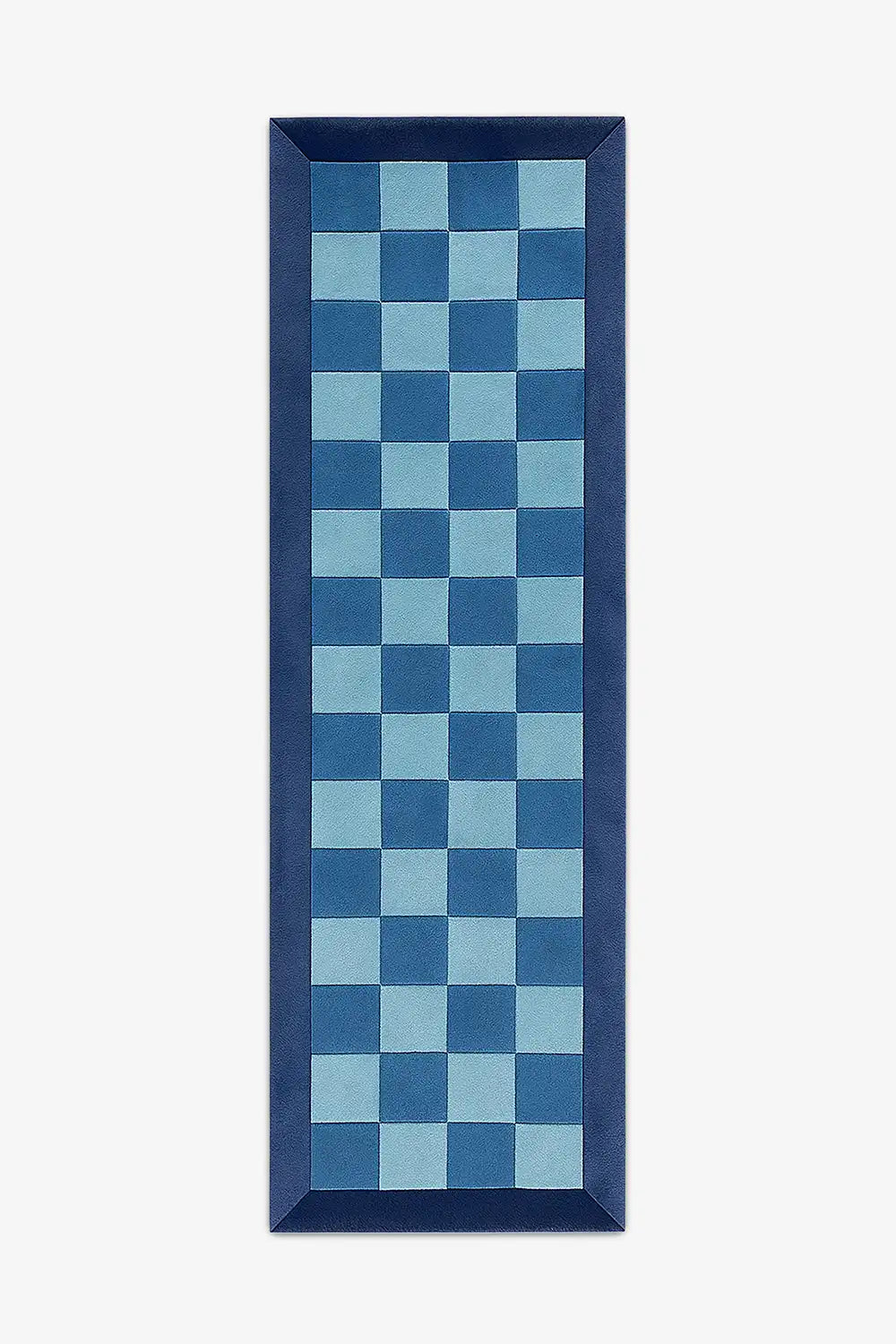 custom length runner rug with modern blue checkered pattern and navy border