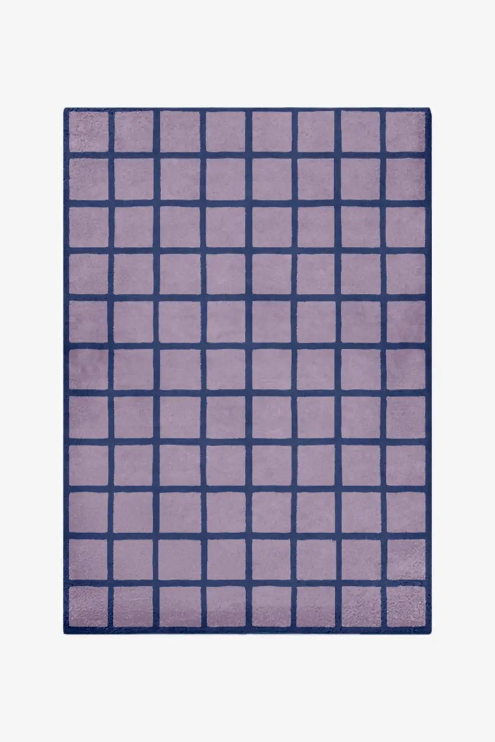 Dusty purple and navy tiled wool rug with graphic grid design modern