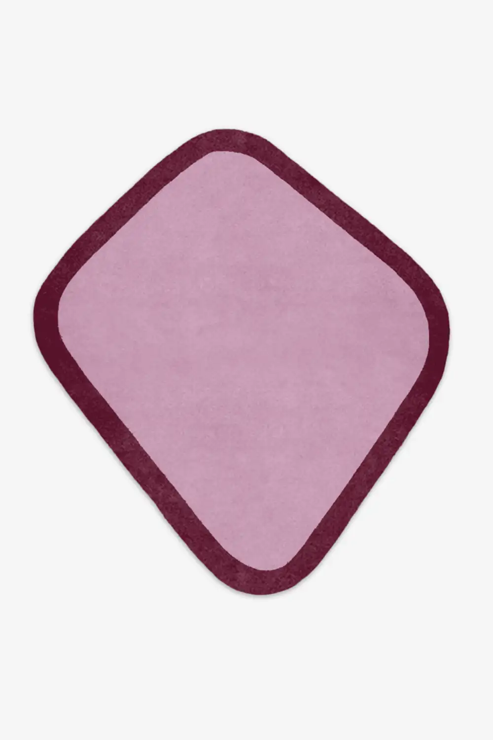 Pink square rug with a purple border on a white background