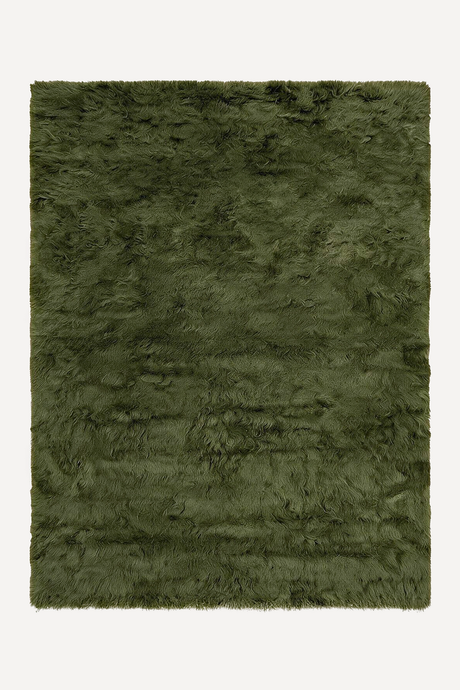 A dark olive green shaggy wool rug shown flat against a plain off-white background.