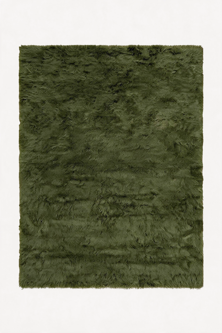 An olive green shaggy wool rug shown from a top-down view against a plain white background.