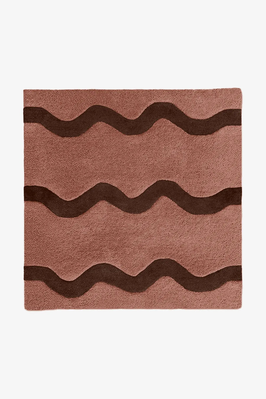 Terracotta and dark brown square wool rug featuring a playful wave pattern, available in 7x7 and 8x8 sizes for cozy playrooms or boho bedrooms