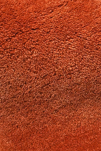 Close-up of plush rust burnt orange wool rug showing thick tufted pile and rich sculptural texture