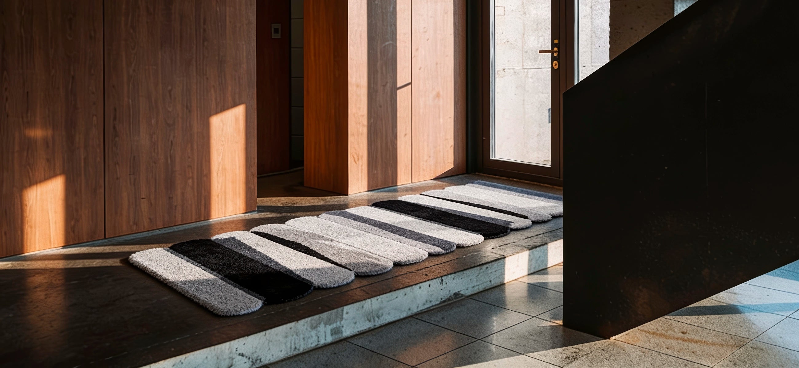 A scalloped runner rug in black, gray, and white, arranged on a tiled staircase landing inside a modern wooden building.
