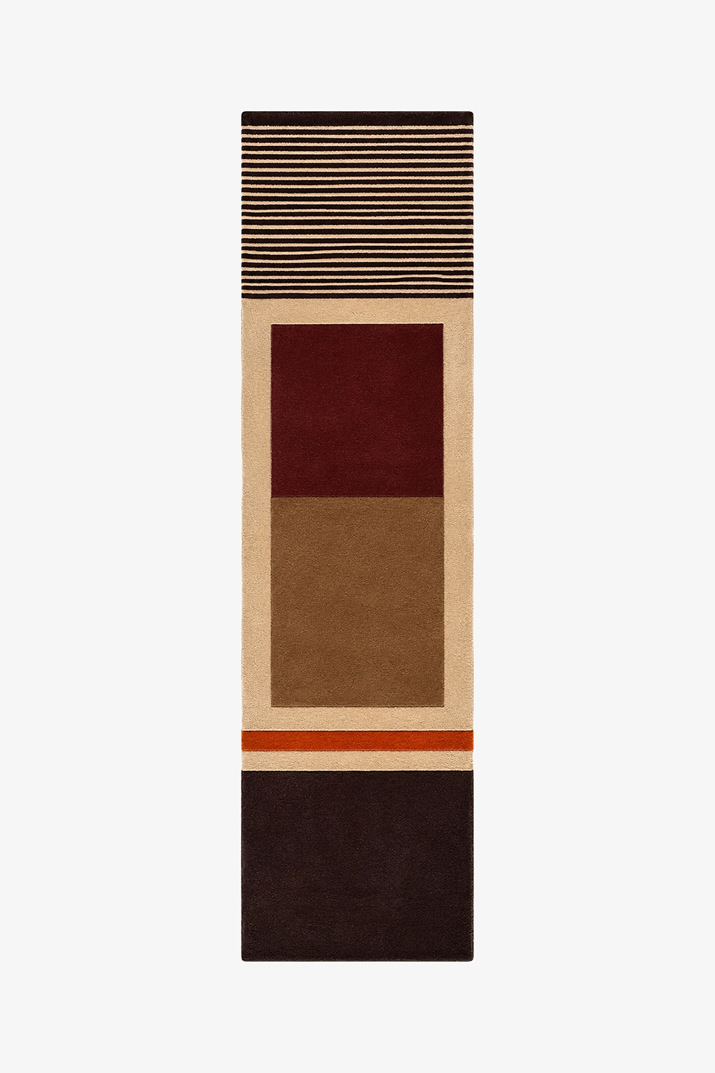 A long, narrow geometric runner rug with blocks and stripes in beige, brown, burgundy red, and dark brown, shown flat against a light gray background.