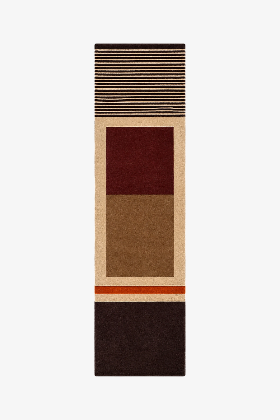 A long, narrow geometric runner rug with blocks and stripes in beige, brown, burgundy red, and dark brown, shown flat against a light gray background.