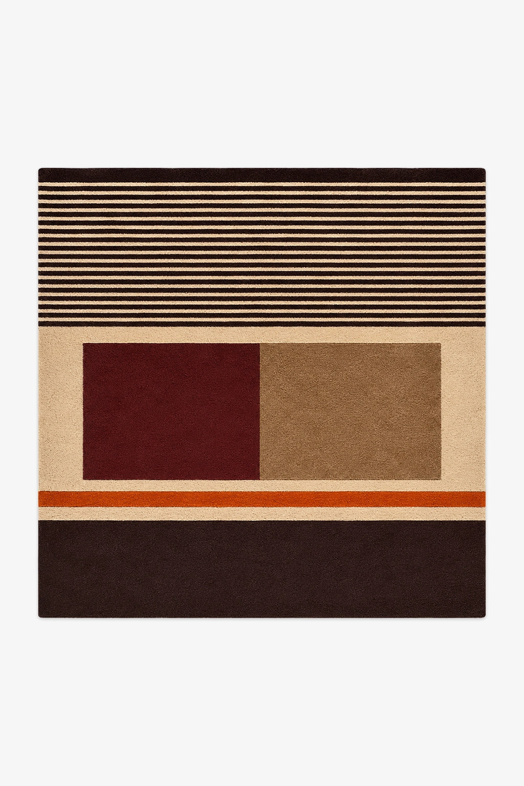 A square area rug with a modern geometric pattern featuring stripes, solid blocks, and a thin orange accent stripe, shown flat against a light gray background.