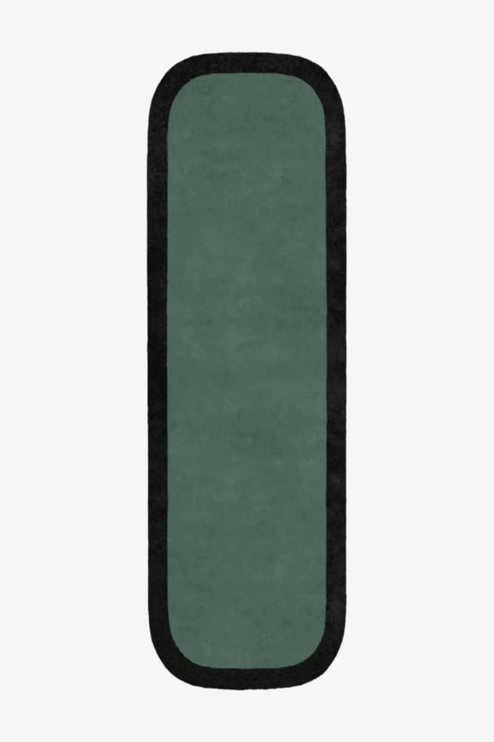 Sage green runner rug with black border, custom hand-tufted wool hallway rug