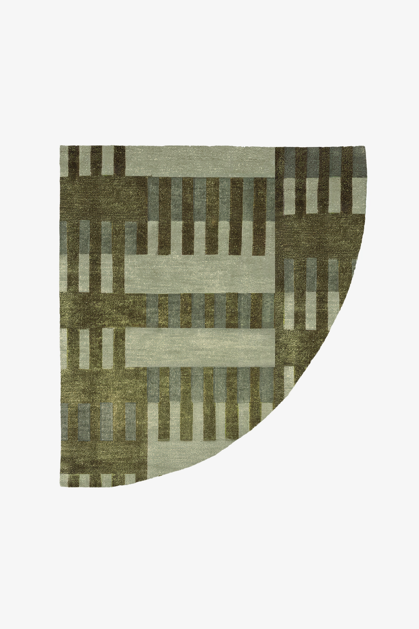 A corner rug with a geometric pattern in olive green, sage, and light gray, shown against a plain white background.