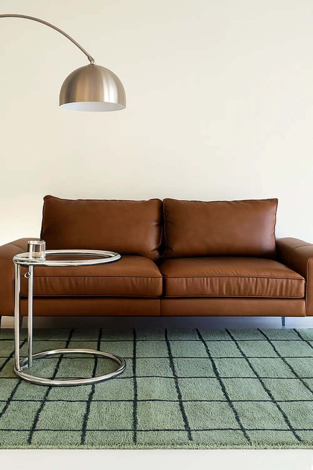 modern green living room wool knotted rug with black grid pattern lifestyle