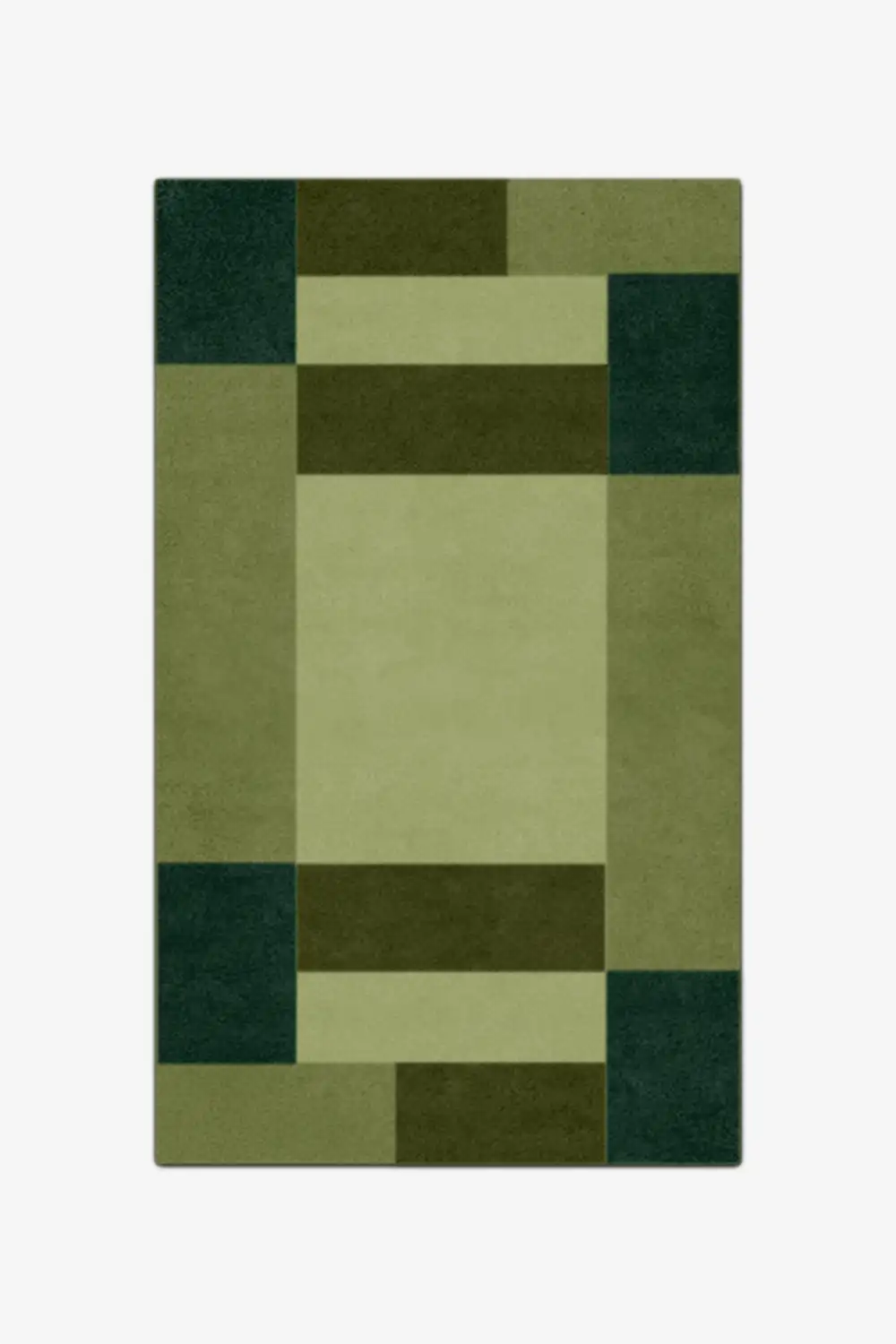 Rectangular green rug with geometric pattern on a white background