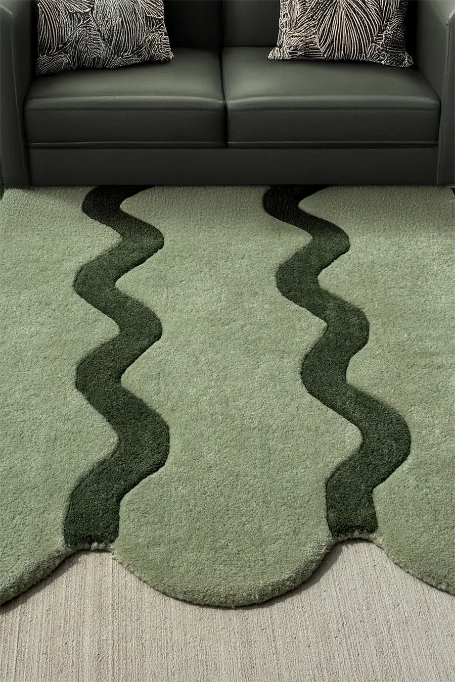 Olive green ripple stripe wool rug under sofa, modern scalloped living room rug 8x10