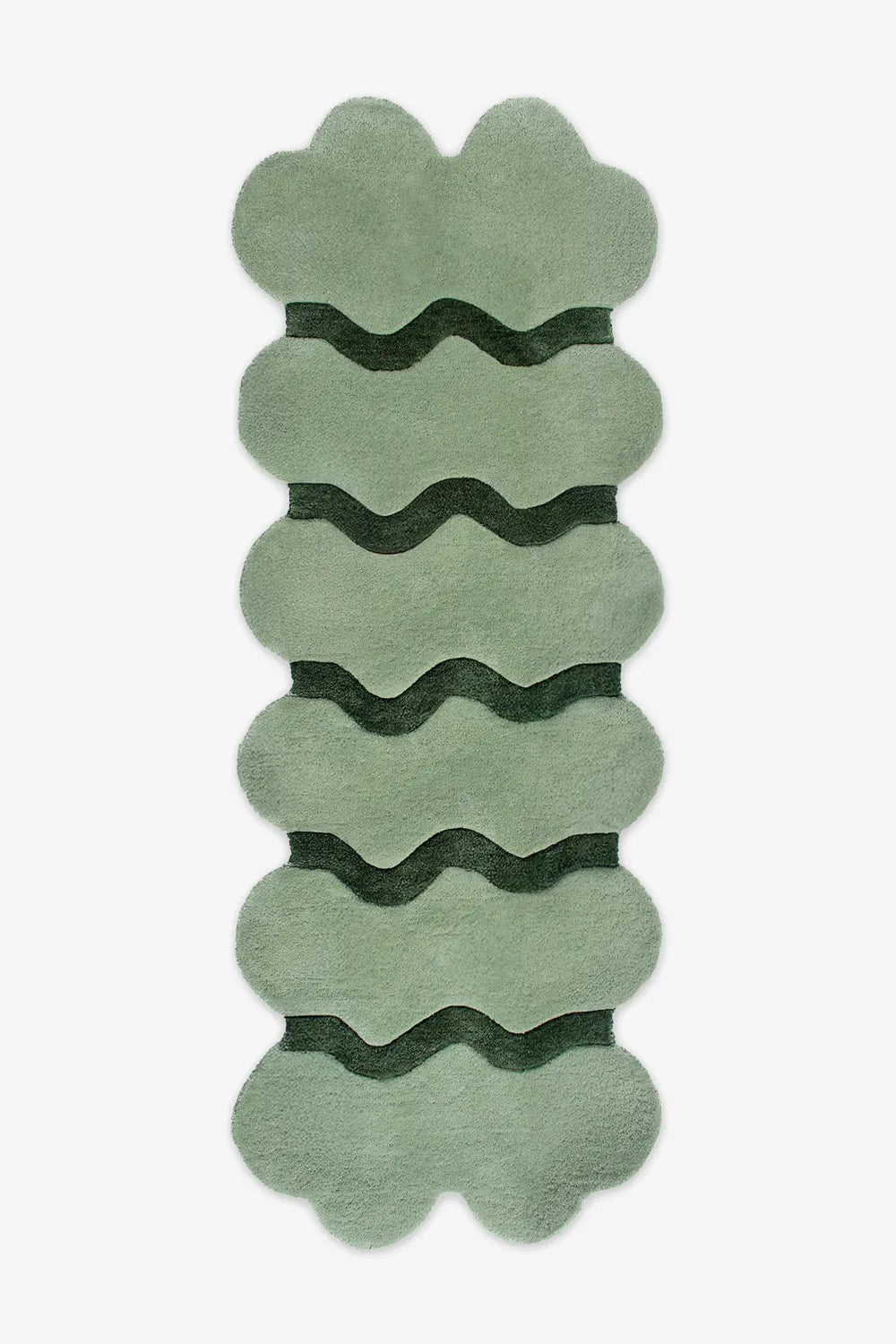 Soft sage green and deep green scalloped long wool runner, perfect for organic modern homes, minimalist hallways, or cozy, natural spaces.