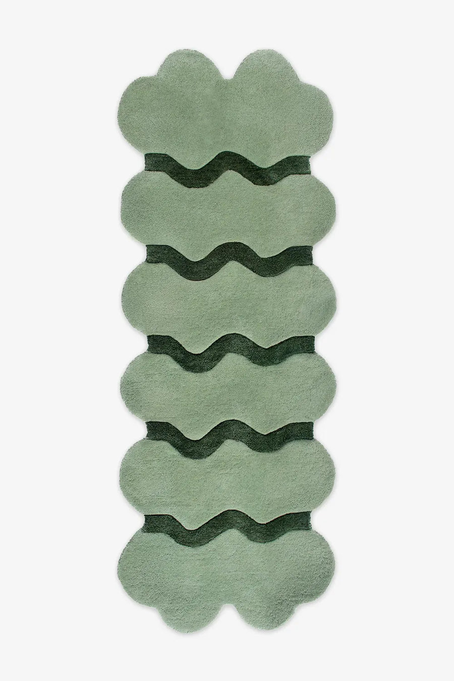 Soft sage green and deep green scalloped long wool runner, perfect for organic modern homes, minimalist hallways, or cozy, natural spaces.