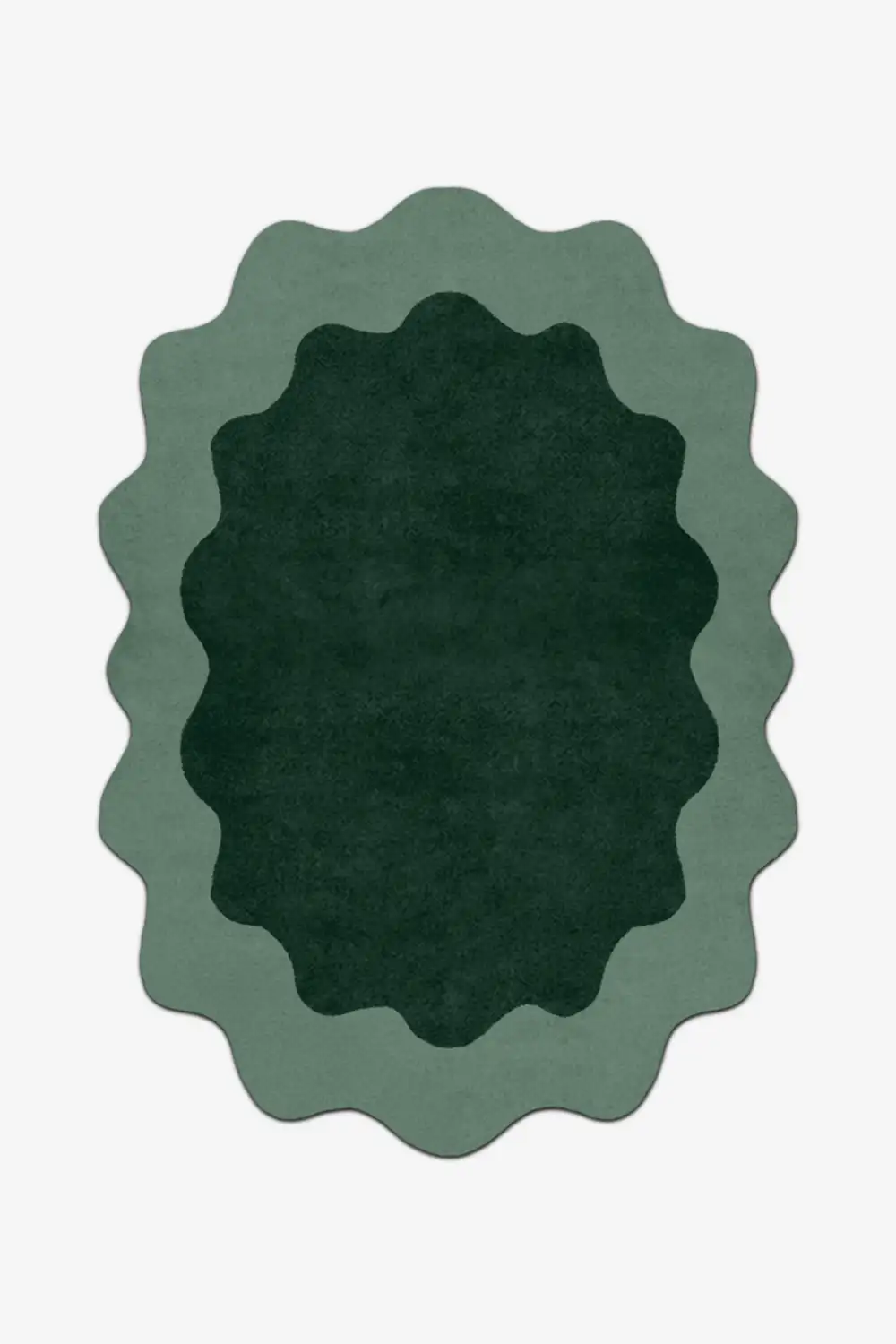 unique green oval rug with sage scalloped border in custom sizes