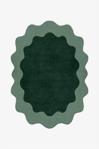unique green oval rug with sage scalloped border in custom sizes