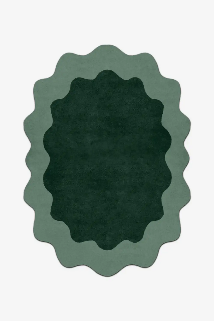 unique green oval rug with sage scalloped border in custom sizes