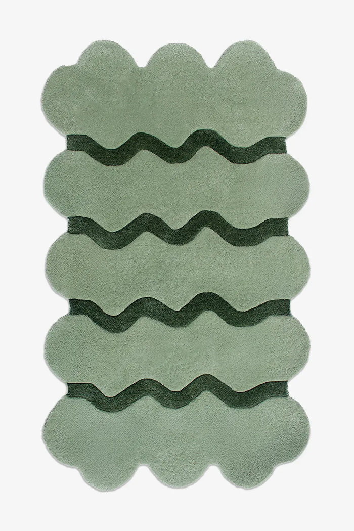 Sage green and dark green 5x8 scalloped wool rug for modern living rooms