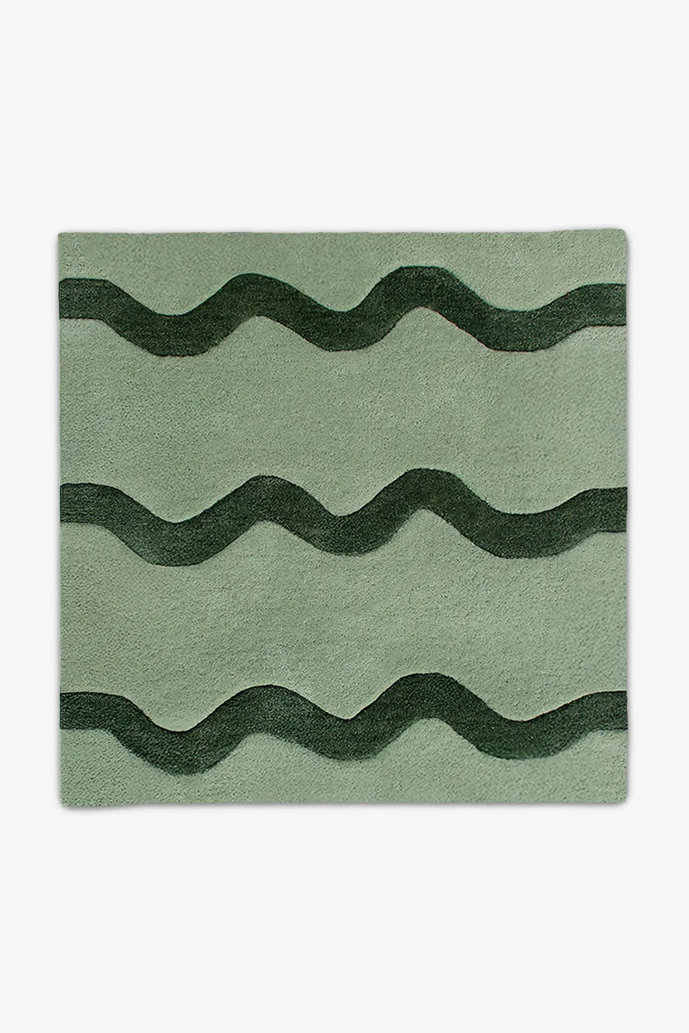 Green and dark forest green square wool rug featuring playful wavy stripes, ideal for 8' square rugs in kids' rooms or colorful kitchens