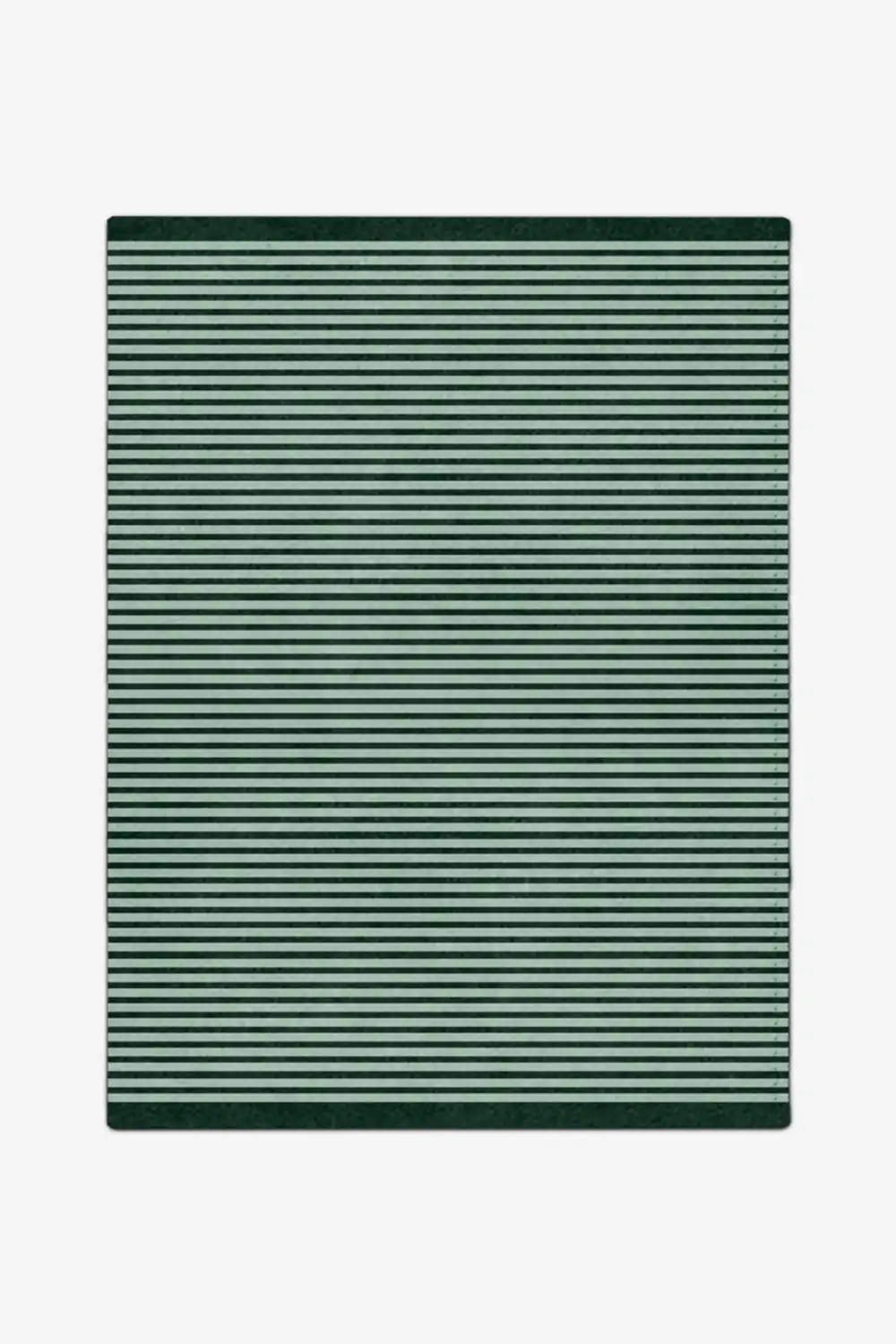 Rectangular green and sage striped wool rug on a white background