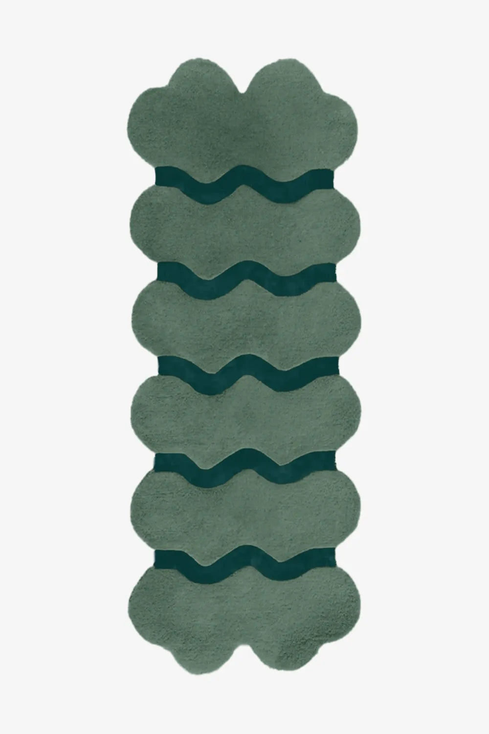 Bold forest green and navy scalloped runner rug, designed for moody modern interiors, cozy living spaces, or contemporary hallways.