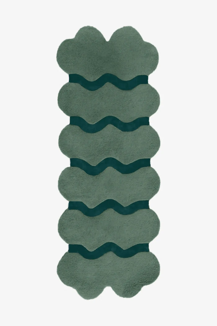 Bold forest green and navy scalloped runner rug, designed for moody modern interiors, cozy living spaces, or contemporary hallways.