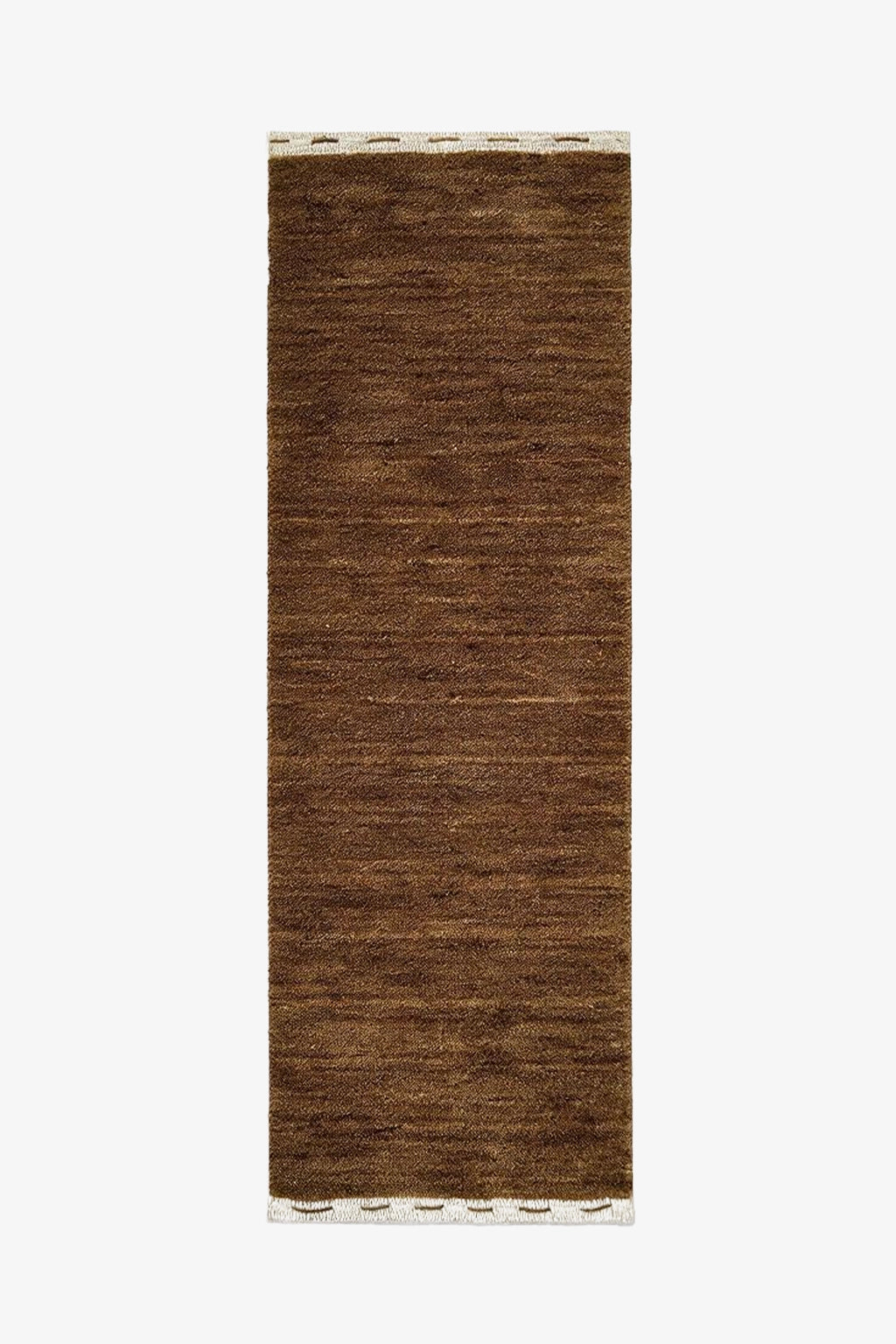 A long, narrow green brown woven runner rug with a textured horizontal pattern and white fringed edges, shown flat against a light gray background hazel