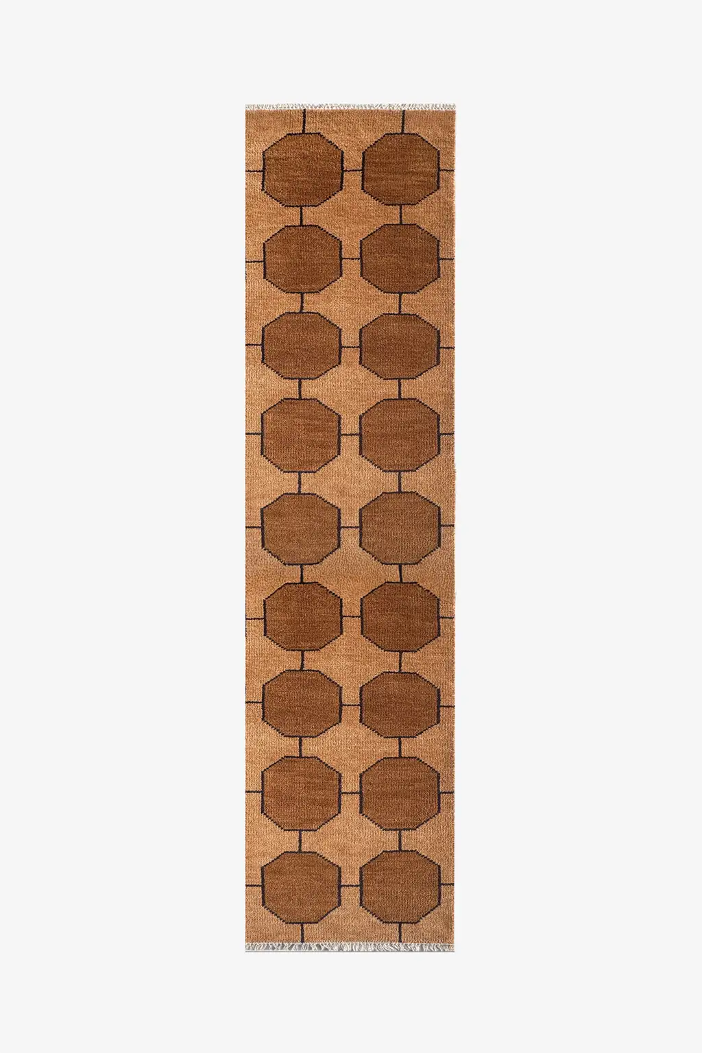 warm golden brown patterned runner rug on a white background