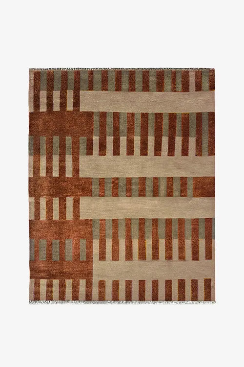 Rectangular rug with brown and beige geometric pattern on a white background