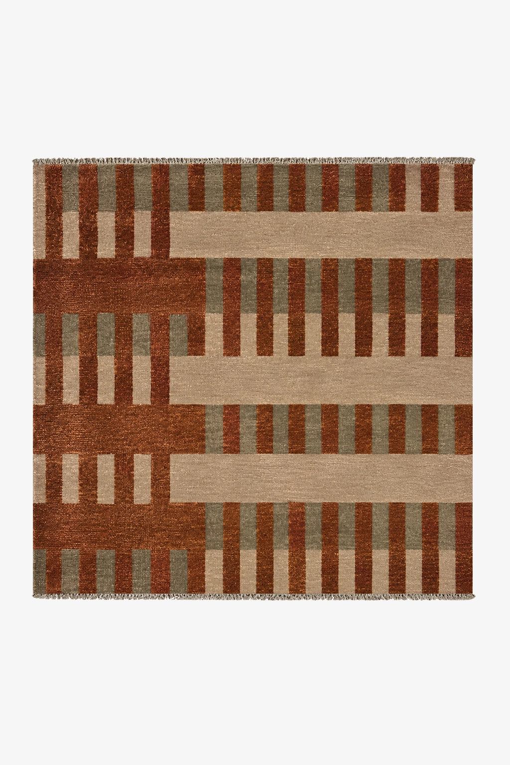 square striped rug with multicolor burnt orange, cream, and green pattern