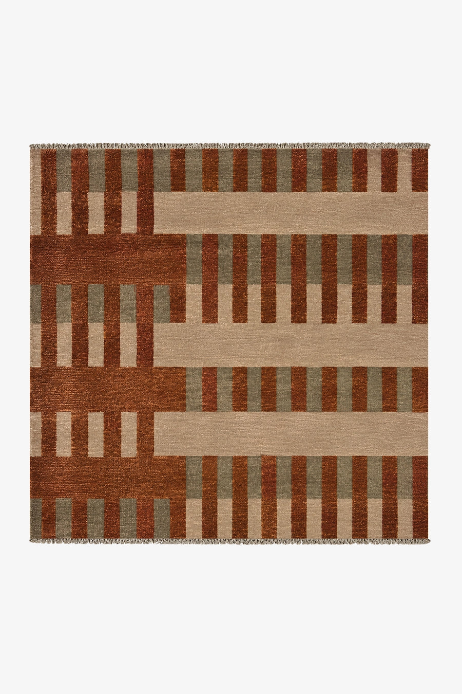 square striped rug with multicolor burnt orange, cream, and green pattern