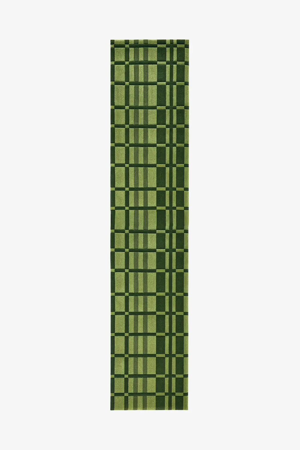 Green checkered runner rug on a white background