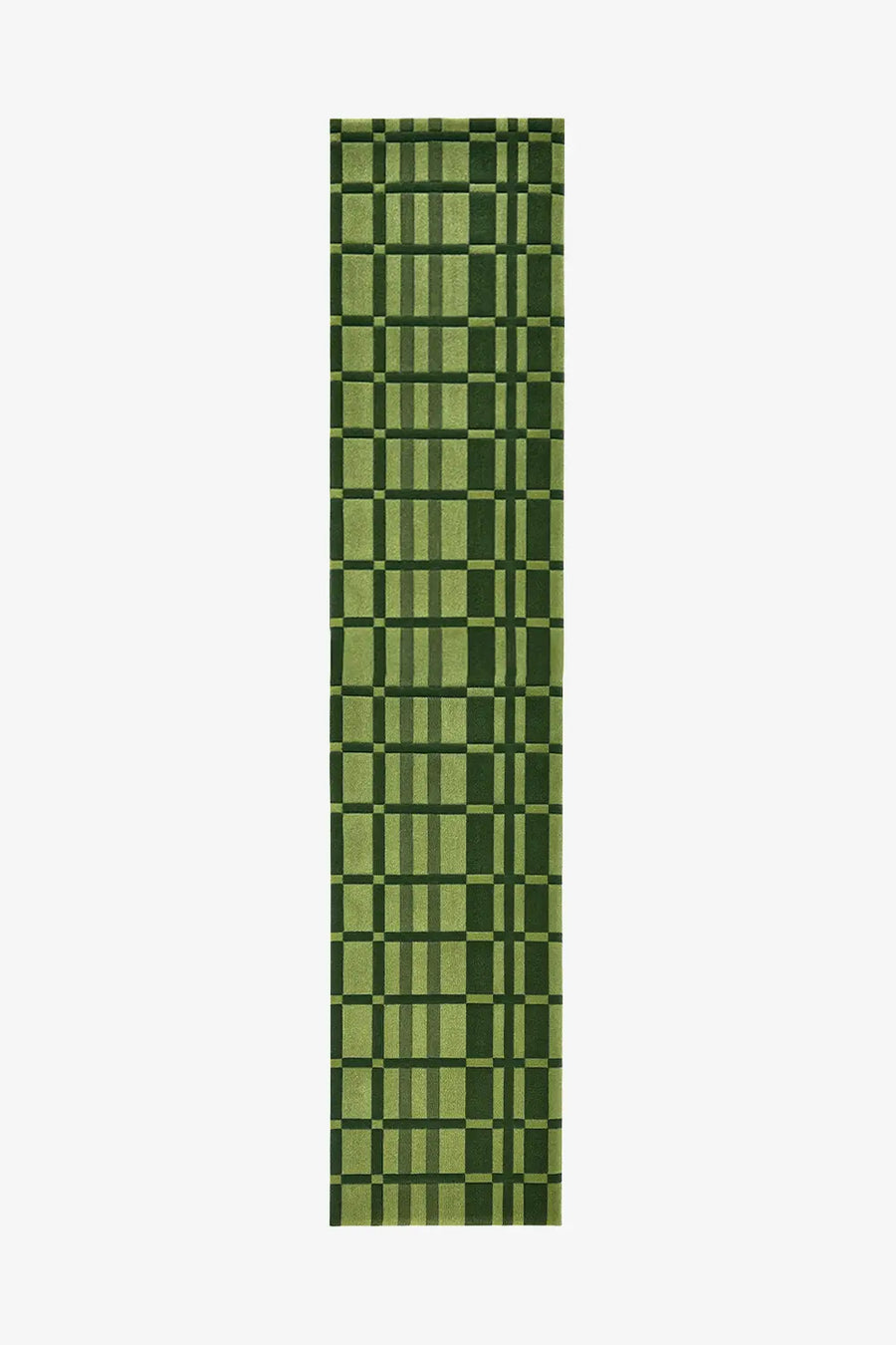 Green checkered runner rug on a white background