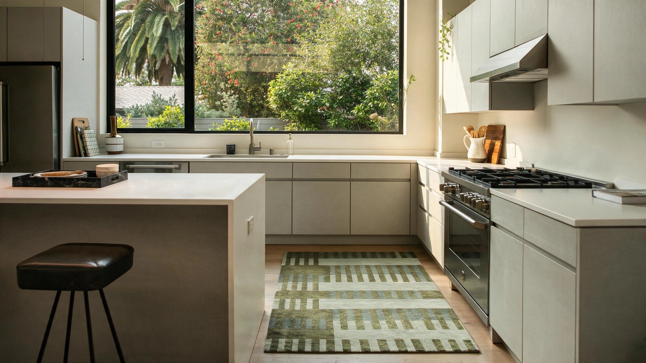 A modern kitchen interior with light gray cabinets, a large window with greenery outside, a black bar stool at the island, and a green patterned runner rug on the floor.