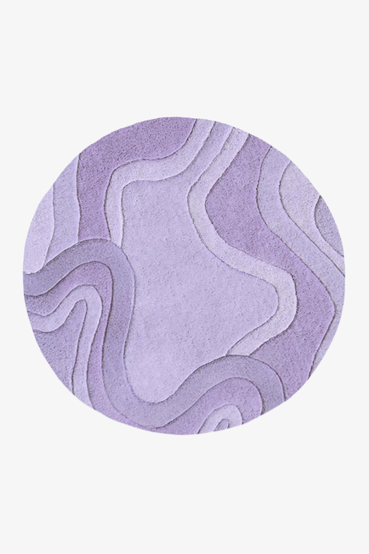 A round area rug featuring an abstract, layered topographic design in shades of lavender and light purple, shown against a plain off-white background.