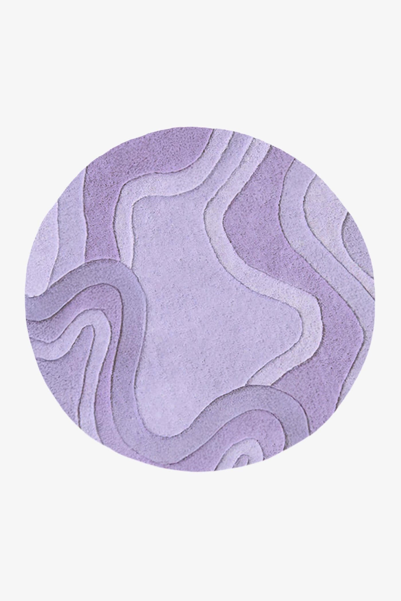 A round area rug featuring an abstract, layered topographic design in shades of lavender and light purple, shown against a plain off-white background.