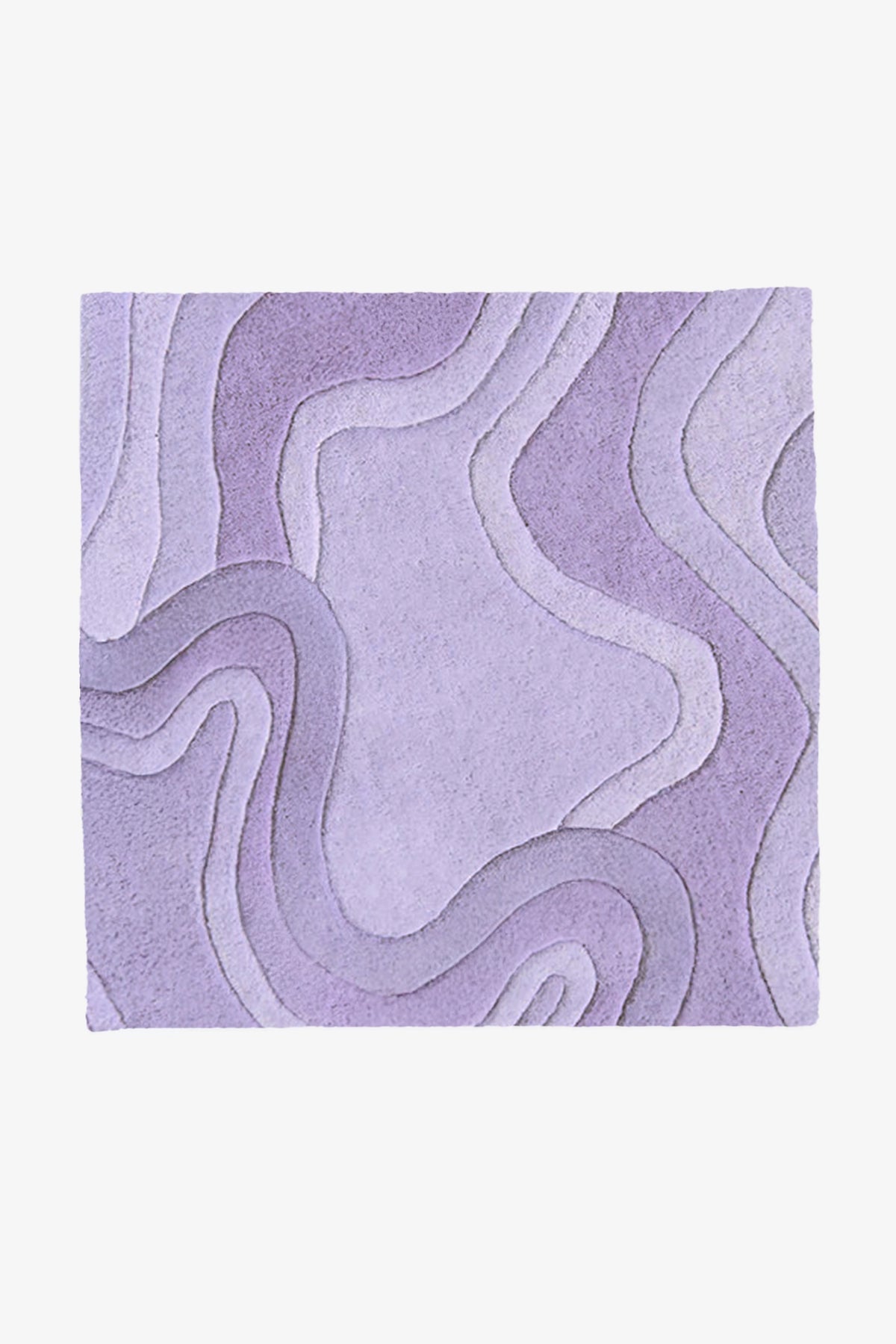 A square area rug with an abstract, layered topographic contour pattern in shades of lavender and light purple, shown flat against a light off-white background.