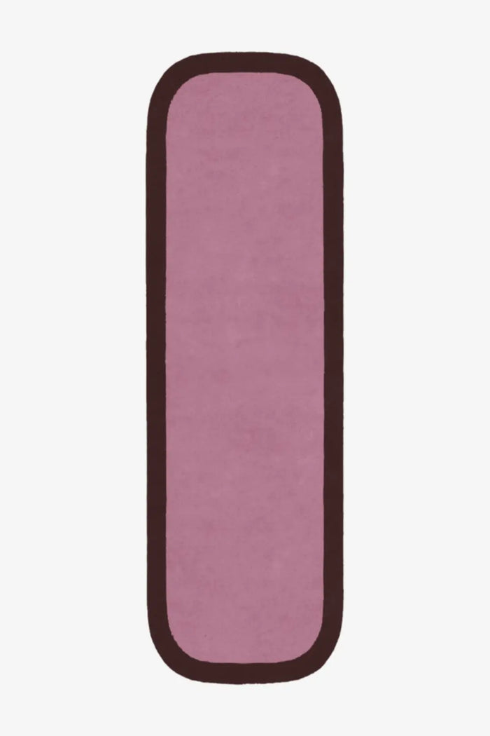 Light mauve runner rug with rounded dark brown edge, wool boho hallway runner
