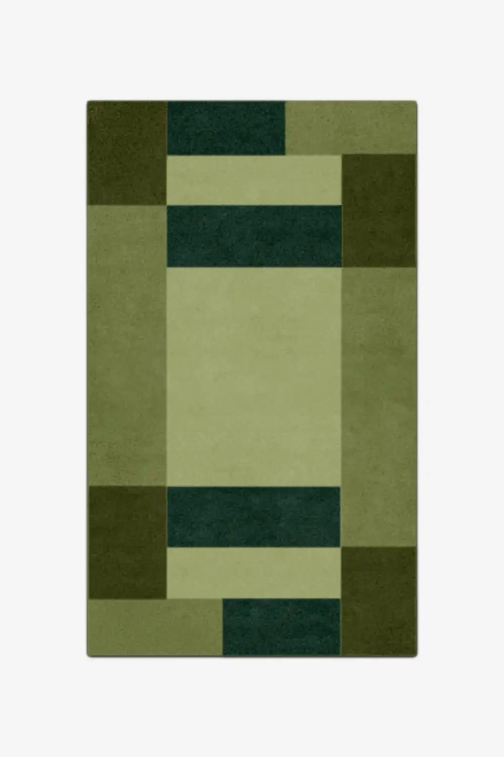 Rectangular olive green rug with geometric pattern on a white background